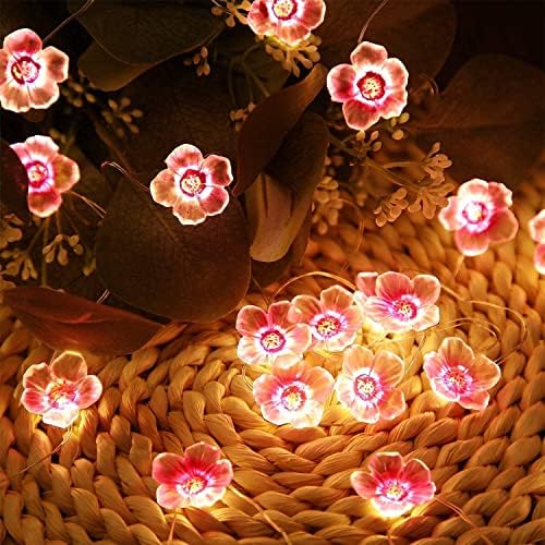 פריחת דובדבן אורות מיתר פרחים לחדר שינה לילדה, אורות פיות ורודים 13 רגל 40 נוריות LED USB וסוללה מופעלת אורות מיתר