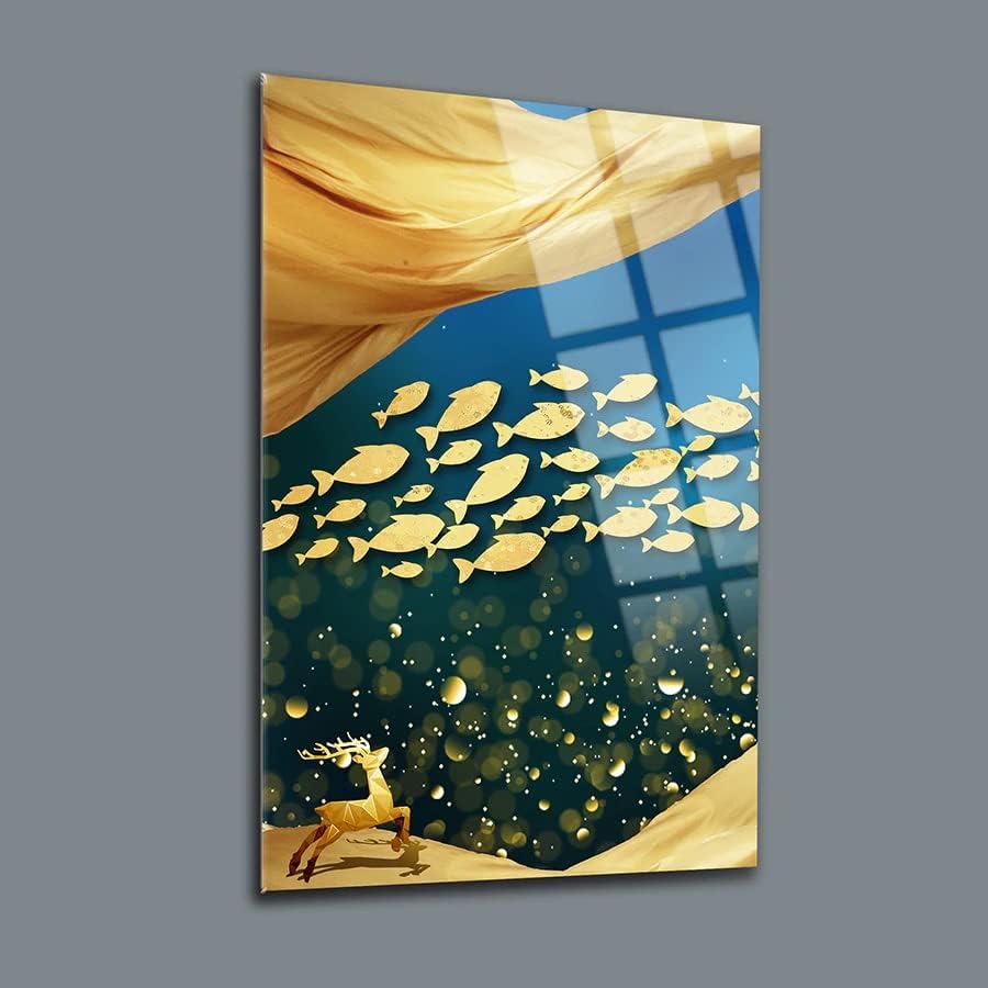 דקדרון זהב דגים סט של 3 קיר תפאורה, זכוכית קיר אמנות, ללא מסגרת משלוח צף מזג זכוכית פנל, סלון קישוט