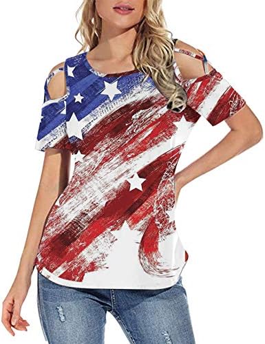 חולצות פטריוטיות לנשים דגל אמריקאי שרוול קצר שרוול קצב חולצות צוואר כוכבים מפוספס