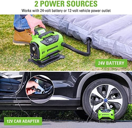 Greenworks 24V מתנפח צמיגים אלחוטיים, מדחס אוויר נייד 160 psi, 2 מקורות חשמל, כיבוי אוטומטי, לרכב,