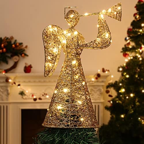 Lewondr עץ חג המולד טופר אנג'ל, טופר עץ חג המולד של אנג'ל שיק עם נורות LED חמות, טופר עץ מלאך המופעל על סוללה מואר