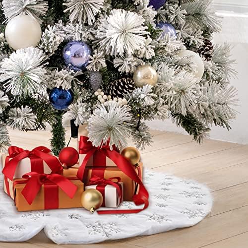 חצאית עץ חג המולד לבן בגודל 48 אינץ 'עם פאייטים של פתית שלג רסיס לקישוט מסיבות חג חג המולד, עיצוב שכבה כפולה,