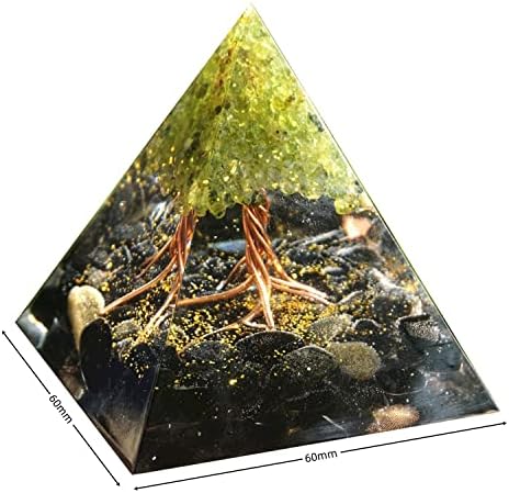 עץ חיים בעבודת יד פירמידה אורגוניט פרידוט עם אבן אובסידיאנית אבן חיובית רייקי מחולל אנרגיה ריפוי אוסף אורגון