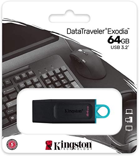 קינגסטון Datatraveler Exodia 64GB USB 3.2 כונן הבזק מהירות גבוהה USB למחשב נייד, צרור מחשב עם הכל מלבד שרוך סטרומבולי