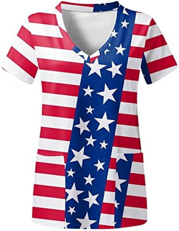 4 ביולי חולצות T לנשים דגל ארהב דגל קיץ שרוול קצר נגד חולצת טריקו צוואר עם 2 כיסים חולצות לבגדי עבודה