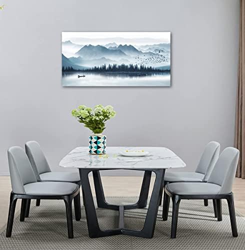 אינדיגו בד קיר אמנות ערפילי הרים קיר תמונה ערפילי אגם סירות בד ציור אפור כחול יער ציפורים בד פוסטר בציר
