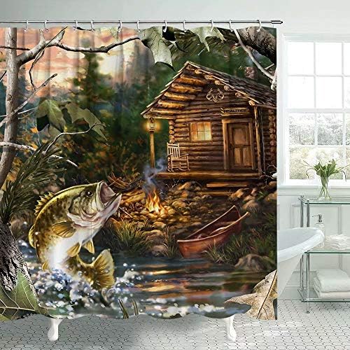 Lierpit Farmhouse Choell Chultain וילון דיג וילון מקלחת עיצוב דגים אגם ציטוטים קרש מעץ נושא כפרי וילון אמבטיה