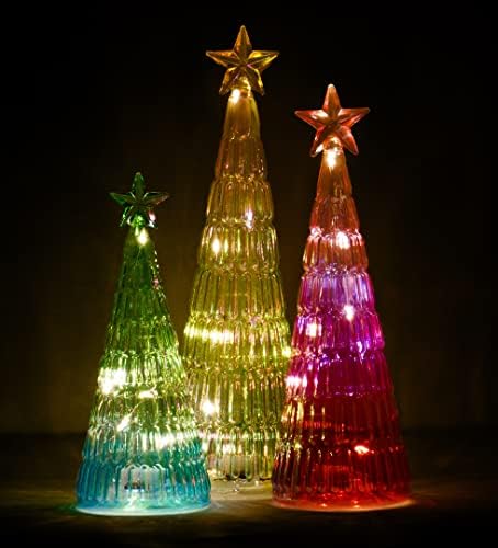 Red Co. 11 ”, 9.5” ו -8 אינץ 'זכוכית מגוונת עץ חג המולד קישוטים פסלונים עם נורות LED, עיצוב עונת החגים האור-קשת