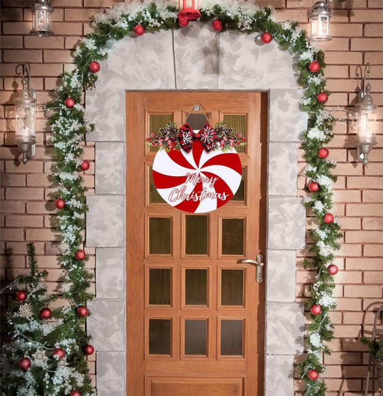 שלט דלת כניסה מעץ לחג המולד כפרי דלת עגולה עגול עיצוב ממתק עגול עגול תלייה עם מחטי קשת ואורן לקישוט דלת עיצוב חג