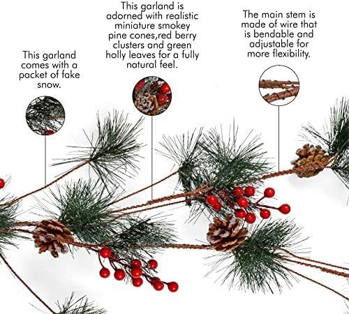 אורן אורן אורן ופירות יער גרלנד - מחטי אורן, פינקונה ופרי חג כפרי עץ חג המולד קישוטי זר טבעי - 6 רגל