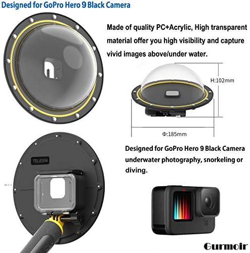 נמל כיפה של טלסין בגודל 6 אינץ 'עבור GoPro Hero11 Hero10 9 שחור, שנורקלינג נרתיק צלילה מתחת למים עם מארז דיור