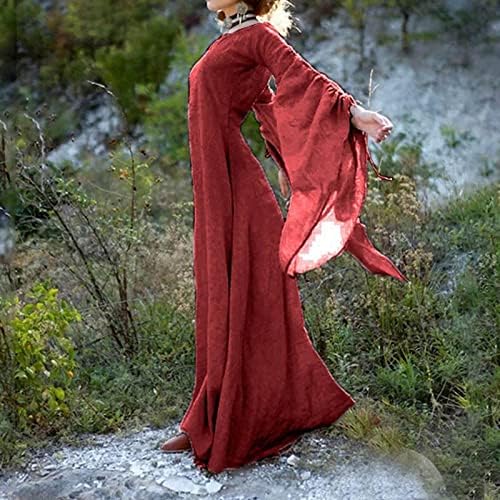 נשים בציר מזדמן מקסי שמלת ליל כל הקדושים כיכר צווארון התלקח שרוול הרג ' וקו ארוך שמלות מוצק מימי הביניים