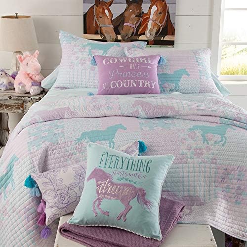 מיטת הפוני של נסיכת הבוקרת של רוד בתיק שמיכה תאומה, סגול, טורקיז וורוד טלאים של סוסים, פרחים,