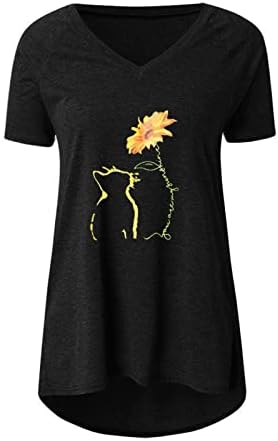 חולצת חולצה לנשים שרוול קצר 2023 צווארון כותנה שמש חתול חמניות פרחוני גרפי קוואי בראנץ ' טי 4