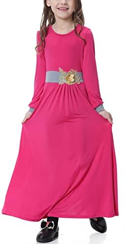 מוסלמי ארוך שמלה לילדה של 8-17 שנים בנות ארוך שרוול עגול צוואר מקרית מקסי שמלות עם צבע בלוק חגור