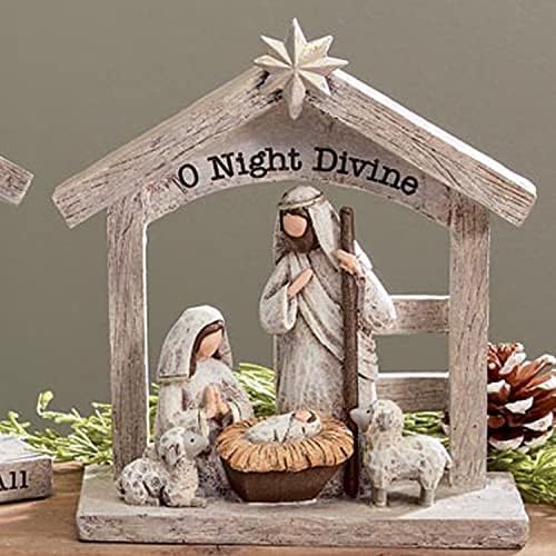 דרך חג אחת בגודל 7.5 אינץ 'עץ כפרי מראה סצנת ילידת חג המולד פסלון עם משפחה קדושה, הו אלוהי לילה-אמירה-קלטת חג