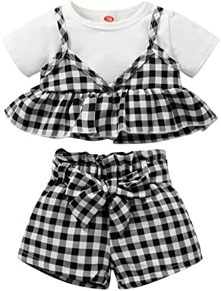 XBGQASU בנות תינוקות ראפלס שרוול קצר משובץ צמרות מודפסות חולצת טריקו מכנסיים קצרים מכנסיים פעוטות תלבושות