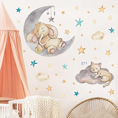 מיידהוי חתול פיל שינה על ירח קיר מדבקות צבעי מים כוכב ענן ויניל קיר מדבקות לקלף & מקל נשלף אמנות