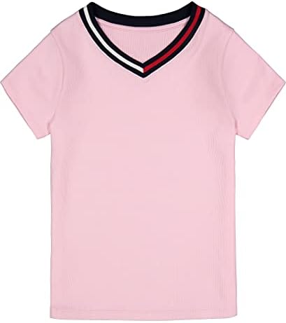 טומי הילפיגר בנות שרוול קצר חולצת טריקו בצבע אחיד עם צווארון וי, לוגו רקום ועיצוב ללא תגים,