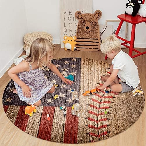 שטיח שטח עגול גדול לחדר שינה בסלון, שטיחים 6ft ללא החלקה לחדר ילדים, כפרי אמריקה דגל בייסבול עיצוב שטיחים רחיץ