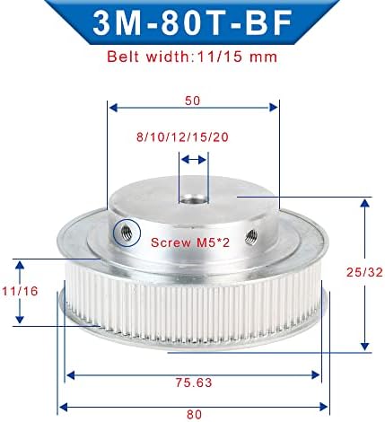KIMISE 3M-80T גלגלת BF צורה גודל נשא בגודל 8/10/12/15/20 ממ גלגלת אלומיניום שן קשת מעגלית לרוחב חגורת תזמון 3M