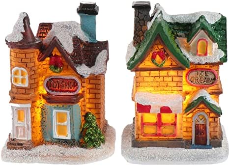 IBASENICE מואר לחג המולד כפר כפר: 2 יחידים מדליקים בתים של כפר חג המולד מיני כפר זוהר בית חג המולד סצנה פסלונים