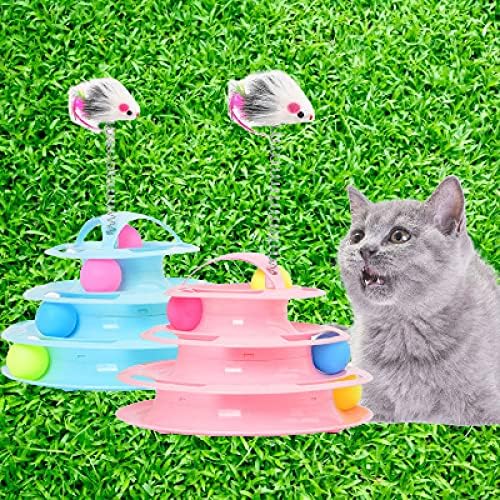 צלחת משחק חתולים AOOF, מקל חתולים מצחיק, לחתולי חיות מחמד לשחק עם פטיפון ארבע שכבות, נשלף לחתול כחול/ורוד/כחול
