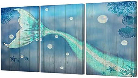 הומוארט בתולת ים עיצוב אמבטיה עיצוב בת ים ציור הדפסות תמונה על קנבס אלמוגים מרקם עץ כוכבי עץ רקע יצירות אמבטיה