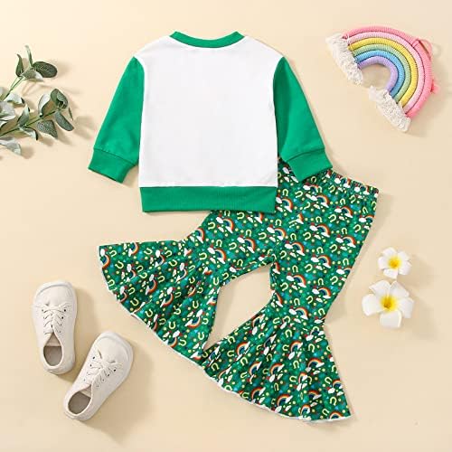 פעוטות תינוקות תינוקות סנט פטריק תלבושת יום שרוול ארוך סווטשירט שמרוק ירוק ומכנסי פעמון מכנסיים בגדים אביביים