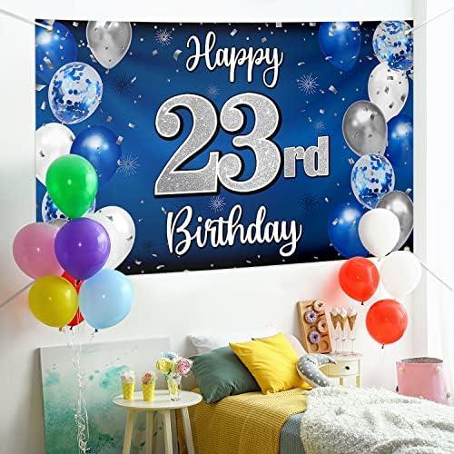 Nelbiirth שמח קישוטי יום הולדת 23, בלון כחול וכסף 23 שלט תפאורת באנר יום הולדת גדול, ציוד למסיבות