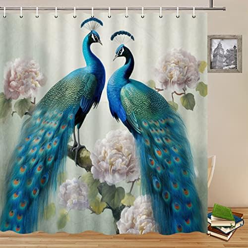 וילונות מקלחת מקלחת טווס של יאדשיוטי כחול ציפור יפהפיה אדמונית פרח ירוק עלים ירוקים אסיאתיים צמח אסייתי