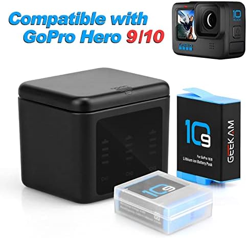 Geekam Hero 9/10 סוללות החלפה של 2 חבילות ומטען אחסון 3 ערוצים עבור GoPro Hero 9/10 שחור, תואם לחלוטין למטען