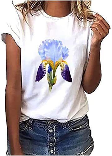 נשים של חולצות מקרית עגול צוואר פרחוני הדפסת חולצה בציר פרח גרפי טיז קצר שרוול קיץ חולצה חולצה למעלה