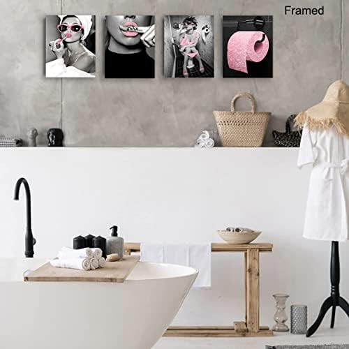 עיצוב קיר של Zaixko עיצוב קיר ורוד גלאם בד הדפסים סט של 4 אמנות קיר ממוסגרת עיצוב אמבטיה ורוד עיצוב אמבטיה