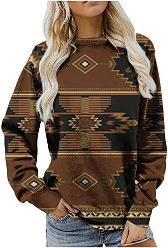 נשים מערבי האצטקים אתני חולצה בציר גיאומטרי גרפי סווטשירט צווארון עגול רופף בכושר חולצה מזדמן ארוך שרוול טוניקת