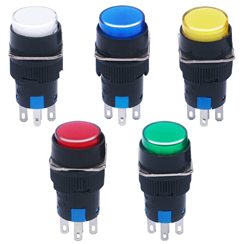MXUTEUK 5 יחידות 16 ממ DC12V רגעי כפתור כפתור כפתור עגול כובע 1 NO 1 NC SPDT ON/OFF מתג עם מנורה 5 צבע