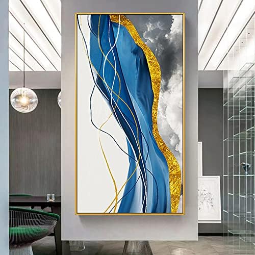 ציור שמן מודרני מצויר ביד - תקציר סכל זהב כחול מופשט רקע אנכי יוקרתי על קיר בד אמנות קיר ציור בגודל גדול
