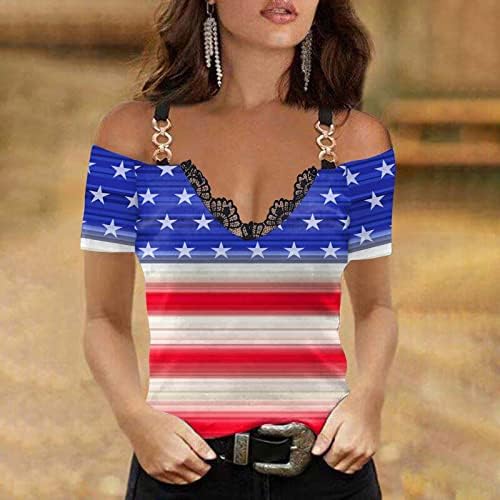 נערות נוער עליונות שרוול קצר כתף קר תחרה כותנה עמוק V צוואר v דגל אמריקאי חולצה גרפית חולצה לנשים Qs