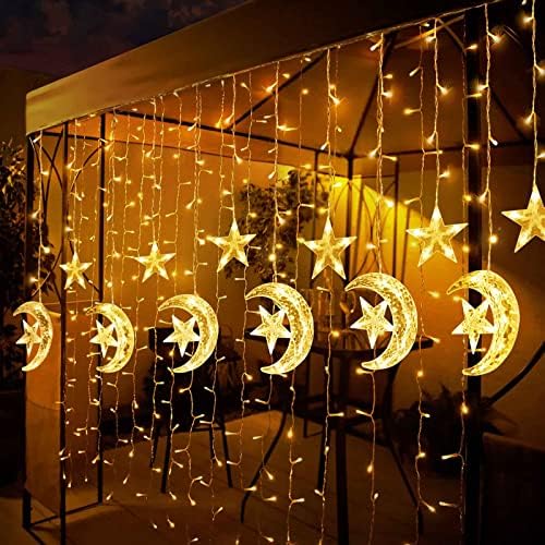 קישוטי רמדאן הומלו לבית, 138 LED משודרג במיוחד אורות וילון ירח כוכב גדול במיוחד לעיצוב חדר שינה לילדים,