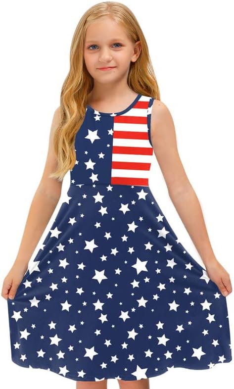 בסרביי ילדה של ארבעה ביולי אמריקאי דגל שמלת כוכבים פסים נדנדה מידי טנק שמלת 4-14 שנים
