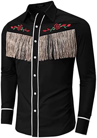 טרנדי גברים של פרינג ' חולצות רקום מערבי קאובוי תלבושות ארוך שרוול כפתור למטה היפי חולצה