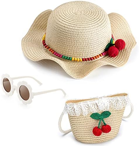 3 חתיכות קיץ קש כובעי סט לילדים ילדות קטנות רחב שולי שמש כובעי ארוג כתף תיק פרח עגול משקפי שמש
