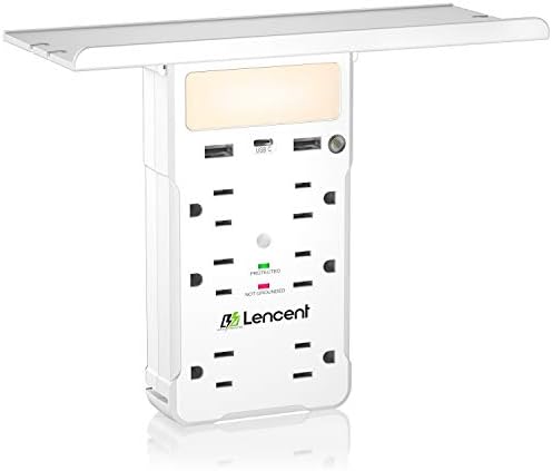 מאריך אאוטלט, מגן נחשול של Lencent עם מדף נשלף, 6 סיומת קדומים ו -3 USB ואור לילה מתכוונן, PD מטען