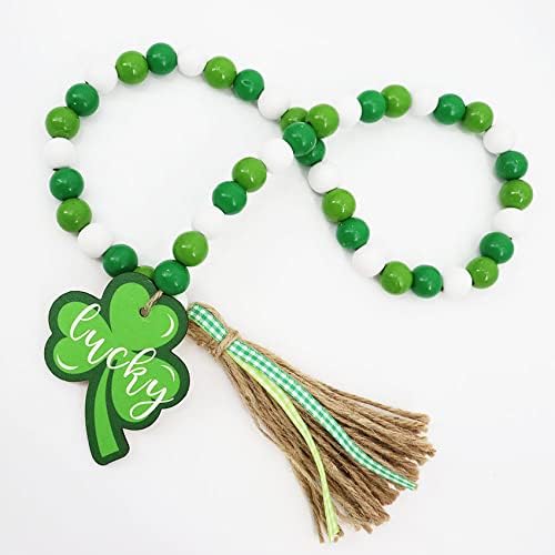 TOOFD 33.5 אינץ 'St.Patrick's Day's Shamrock Bead Bead Garland עם קישוטי גדילים, ירוק מזל תלתן חרוזי עץ