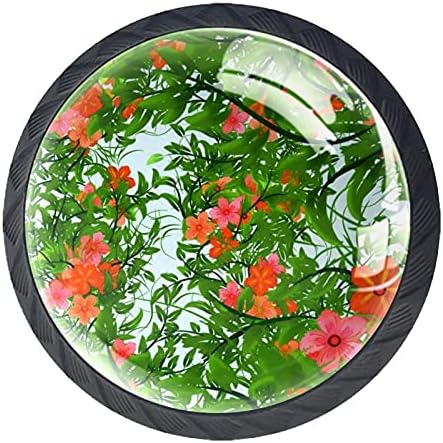 עגול מגירה מושך ידית טרופי אדום פרחים ירוק צמחים הדפסה עם ברגים לבית שידת ארונות דלת מטבח משרד שולחן מגירת אמבטיה