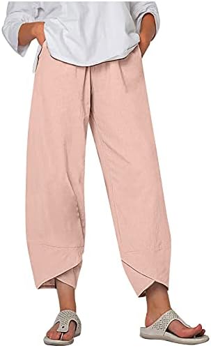 כותנה פשתן מכנסיים נשים קיץ מקרית קאפרי מכנסיים עם כיסים גבוהה מותן קומפי חוף מכנסיים בציר