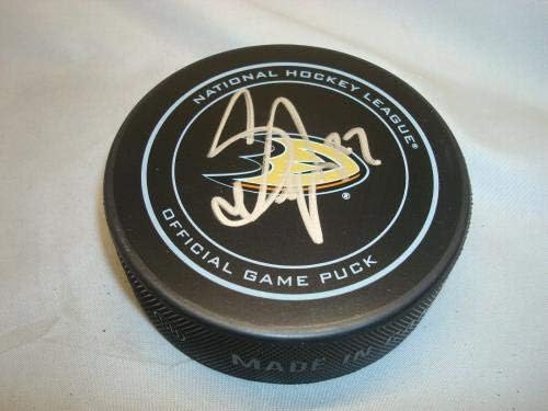 סקוט נידרמייר חתום ברווזים משחק רשמי הוקי פאק בקט באס COA 1A - חתימה NHL Pucks