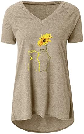 נשים שרוול קצר חולצה כותנה עמוק V Neck Sun Cap Sunflower פרחוני גרפי פרחוני Kawaii Tee Tee Tee Tee לנשים