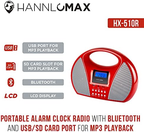 Hannlomax HX-510R רדיו AM/FM נייד עם יציאת USB/SD להפעלת MP3, Bluetooth ו- Aux-in