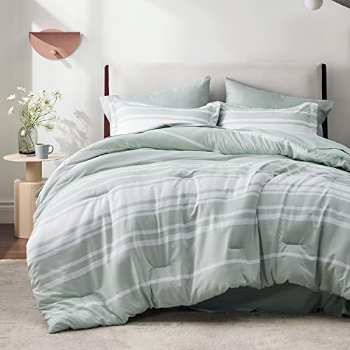 מיטות מיטות בשקית קינג סייז 7 חתיכות, מרווה ירוק לבן פסים מצעי פסים מערכות מיטות כל העונה, 2